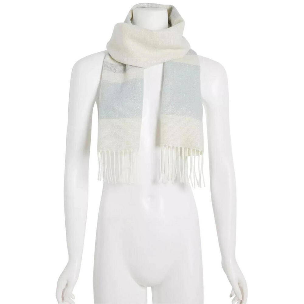 Steve Madden Muffler Scarf Lurex Striped Blue Grey Shimmer Fringe Italy NWT
